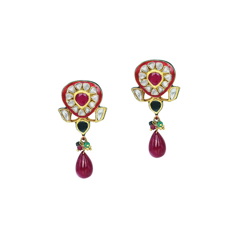 Polki Stud Earrings with Ruby, Red Enamel, and Drop Design